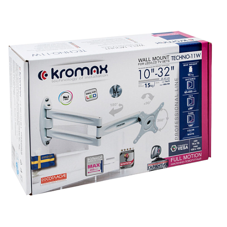 Наклонно-поворотный ТВ кронштейн  Kromax TECHNO-11W white для LED/LCD телевизоров