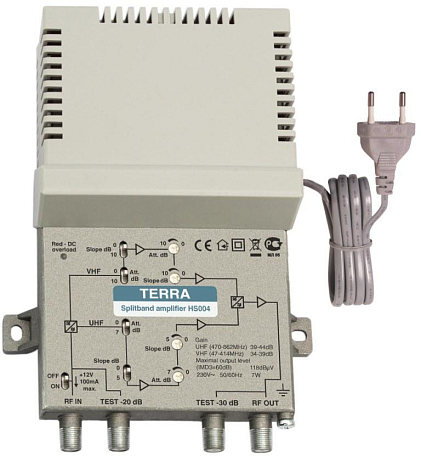 Усилитель ТВ сигнала  Terra HS 004 с расщеплением, 39-44 dB