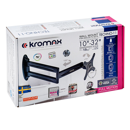 Наклонно-поворотный ТВ кронштейн  Kromax TECHNO-11 black для LED/LCD телевизоров
